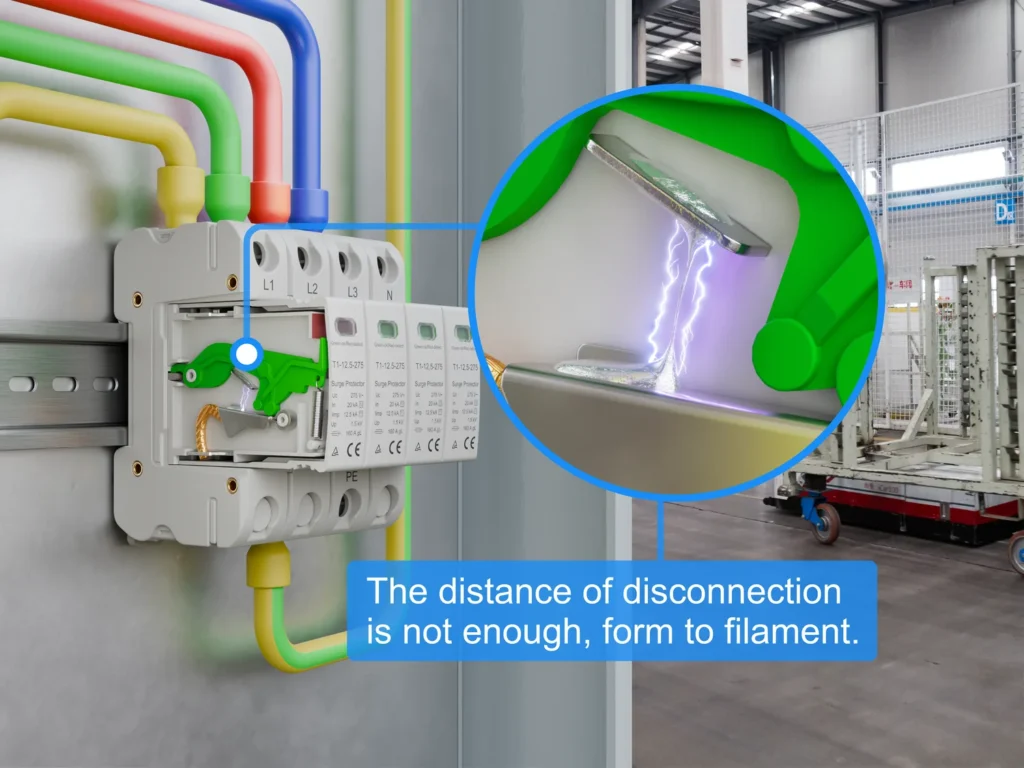 Surge Protection Device SPD exhibits wire drawing after the trip