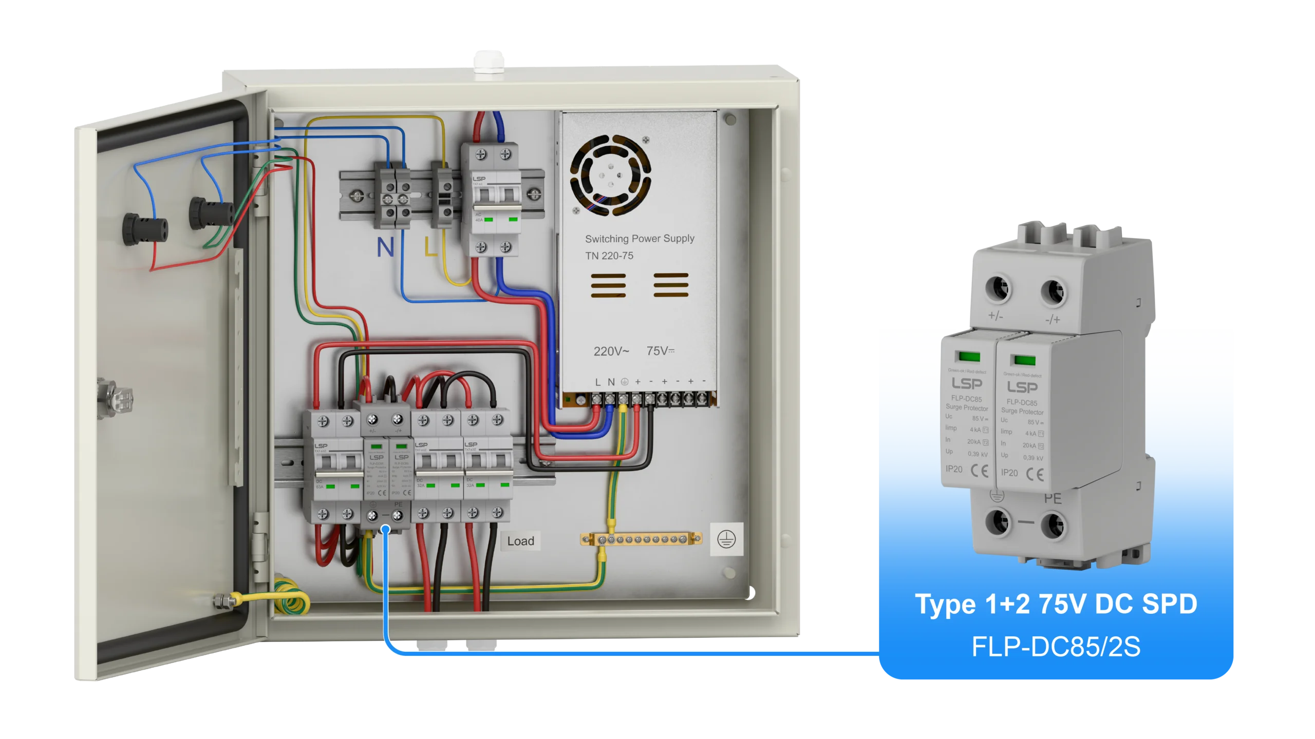 Type 1+2 75V 85V DC Surge Protector SPD FLP-DC85-2S Wiring Diagram and Installation for Electrical DC Distribution Board Panel Box Switchboard Cabinet Enclosure