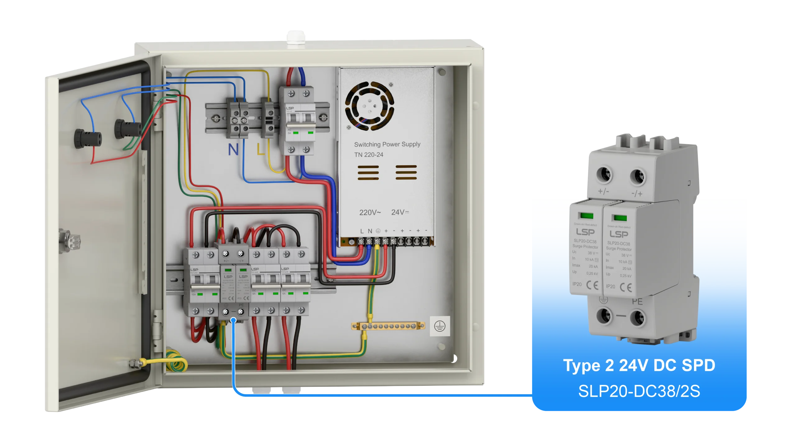 Type 2 24V 38V DC Surge Protector SPD SLP20-DC38-2S Wiring Diagram and Installation for Electrical DC Distribution Board Panel Box Switchboard Cabinet Enclosure