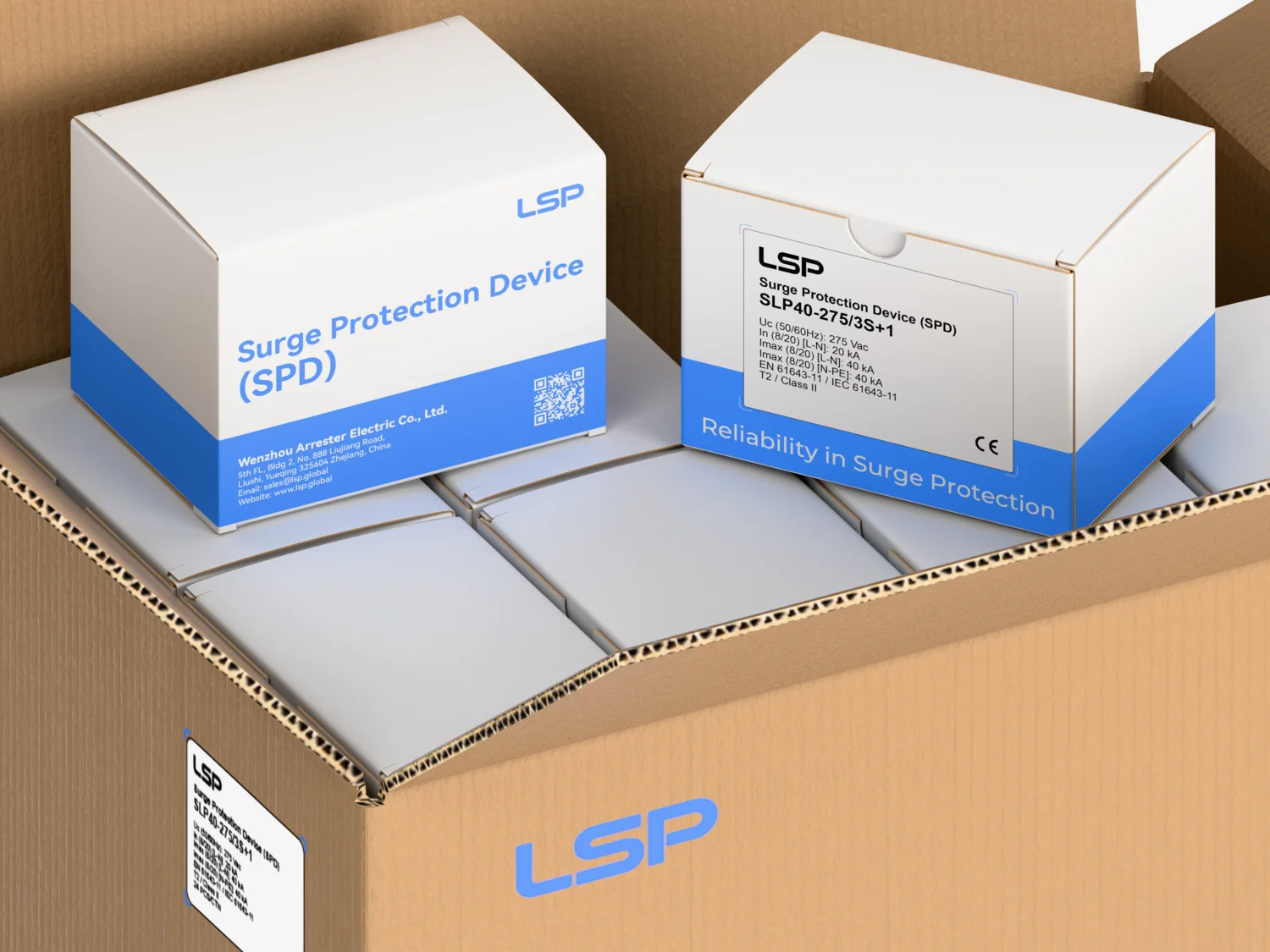 Surge Protection Device SPD Double corrugated packaging close-up